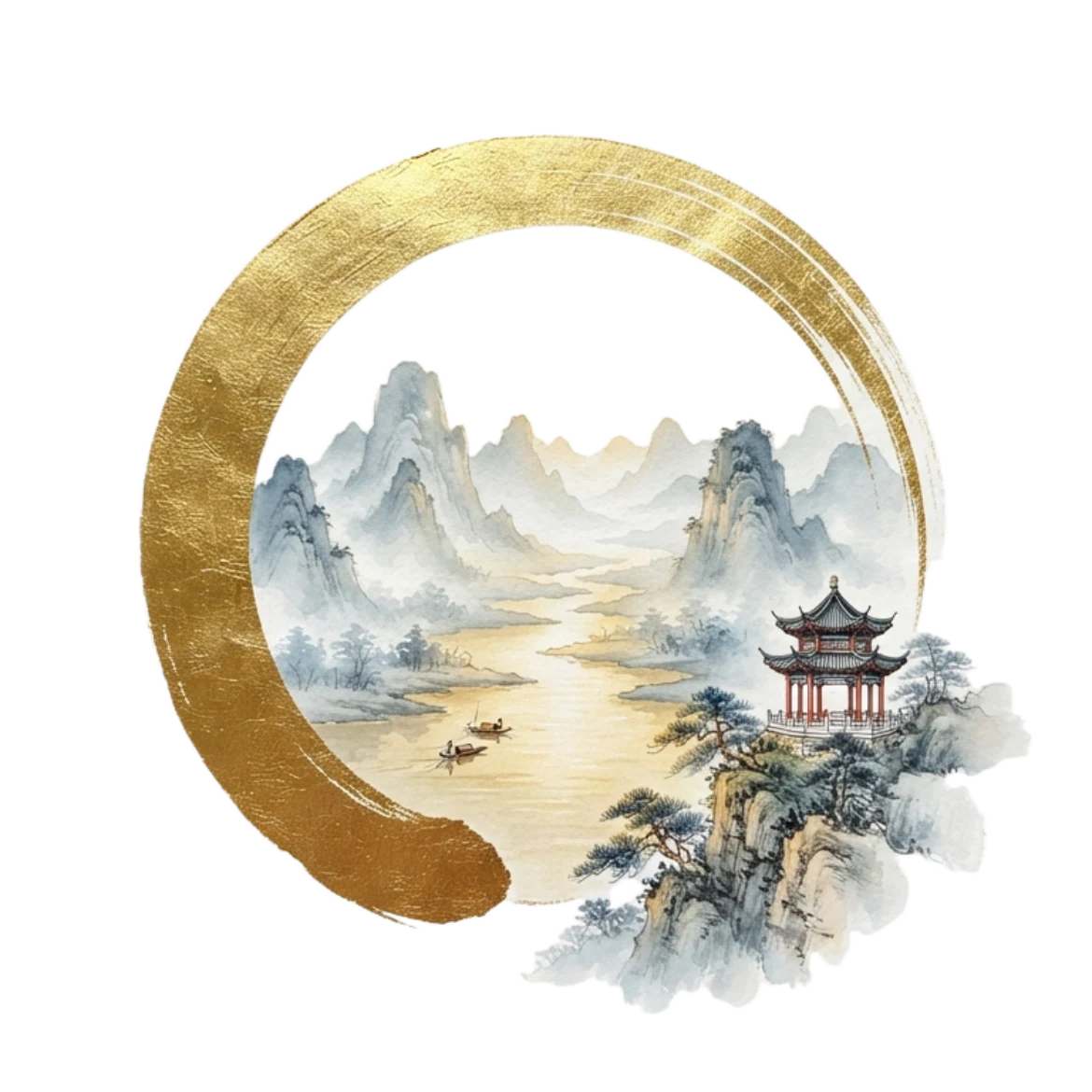 China Unveiled emblem: a gold brushstroke circle around a misty river valley and a pagoda